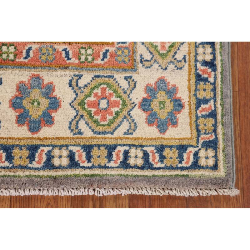 Gray Kazak Foyer Rug Hand-Knotted Geometric Wool Carpet - 2'7" x 4'2"