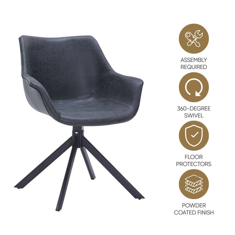 Markley Modern Swivel Dining Chair with Distressed Leather Upholstery, Ergonomic Back, and Black Metal Legs for Home or Office