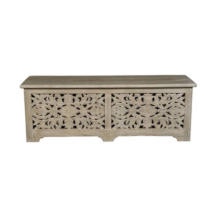 HomeRoots 52" Gray Distressed Solid Wood Carved Floral Storage Ottoman