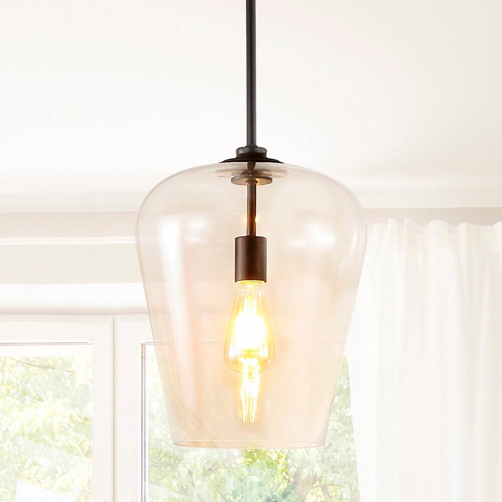 Ikon 11.25" 1-Light Industrial Farmhouse Iron/Glass LED Pendant, Oil Rubbed Bronze/Clear by JONATHAN Y