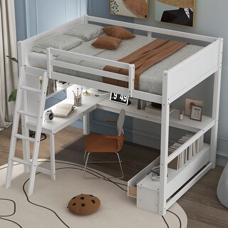 Full Size Loft Bed with L-shaped Multi-storage Desk, LED light and USB Charging Station, Storage Bench with 2 Drawers