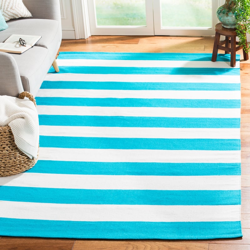 SAFAVIEH Handmade Montauk Caspian Stripe Cotton Flatweave Rug - 4' x 6' - Turquoise/Ivory