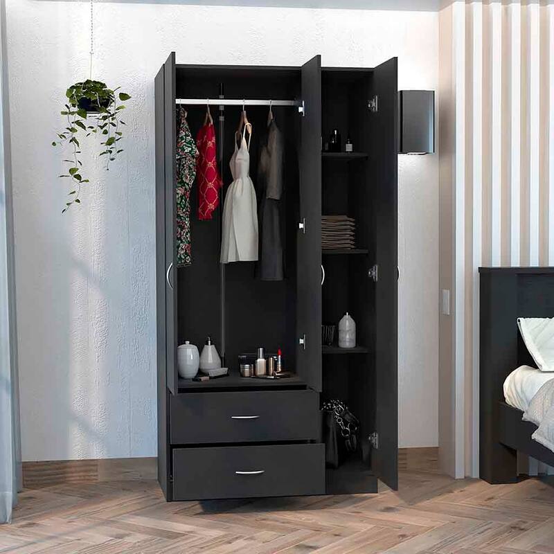 18.5" Modern Three-door Armoire with Hanging Rod, Two Bottom Drawers and Four Interior Shelves