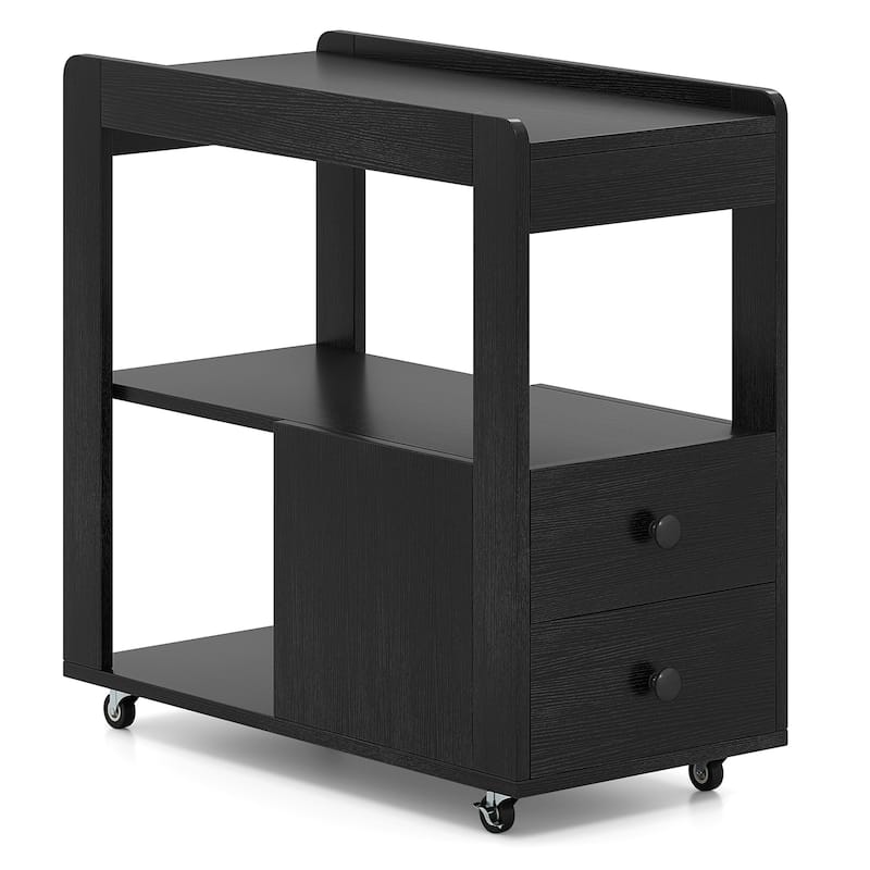 3-Tier Wooden Mobile Side End Table with Casters and 2 Drawers for Bedroom or Living Room - 25.5" x 12" x 24.5"