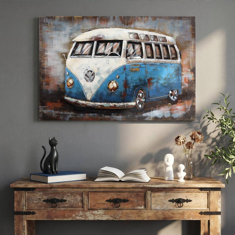 "Blue bus" Mixed Media Iron Hand Painted 3D Wall Sculpture