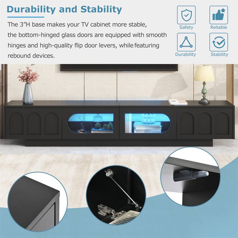 TV Stand with Fluted tempered Glass Doors,Functional Media Console
