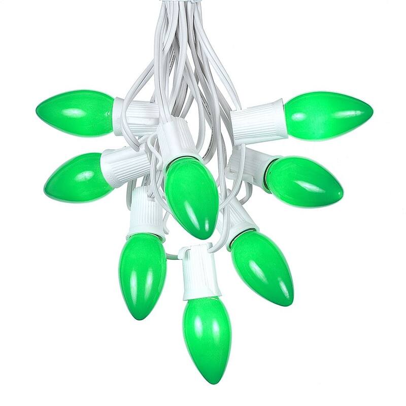 25 Foot C9 Ceramic Christmas Light Set, Hanging String Lights, White Wire - Green