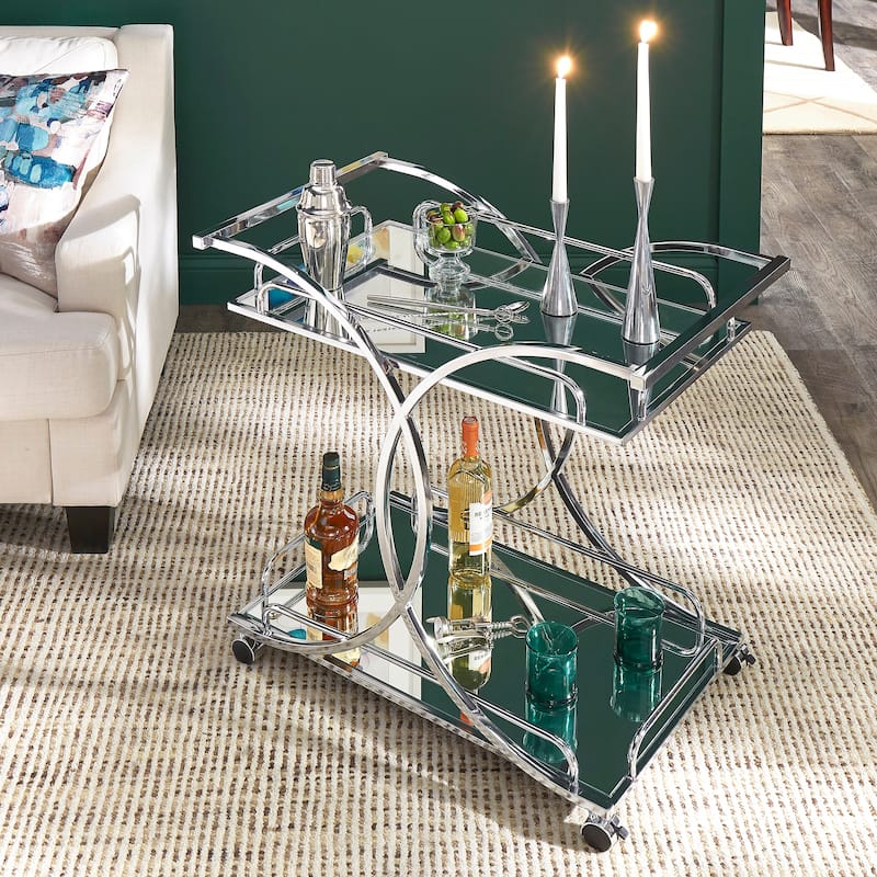 Rosewood Chrome Bar Cart with Curving Metal Frame by iNSPIRE Q Bold