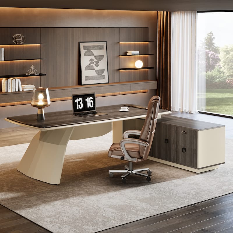 Large Modern Executive Computer Desk with Cabinet for Office - White