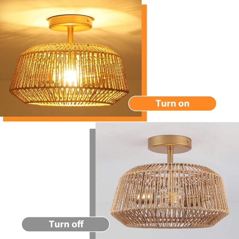 Starsky 2-Light Modern Bohemian Ceiling Light Drum Semi Flush Mount with Natural Handmade Rope Paper Shade