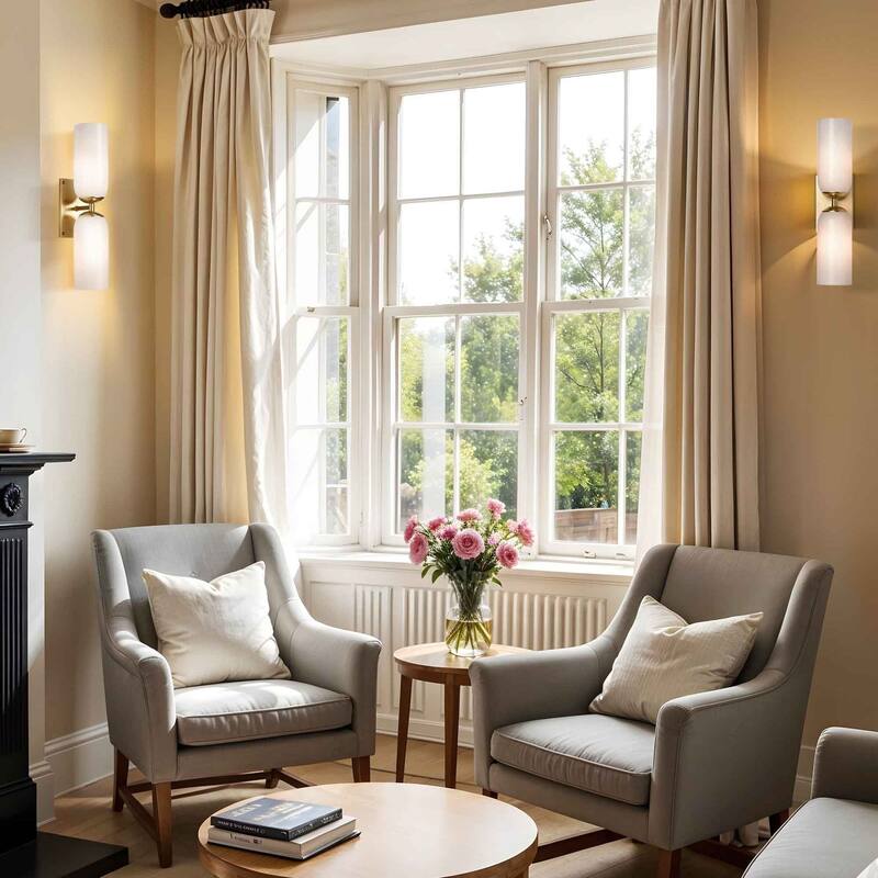 Glass Double Wall Sconce - Metal, Glass Matte Black, Ivory 2-Light Sconce for Bathroom or Entryway in Modern, Mid-Century Style