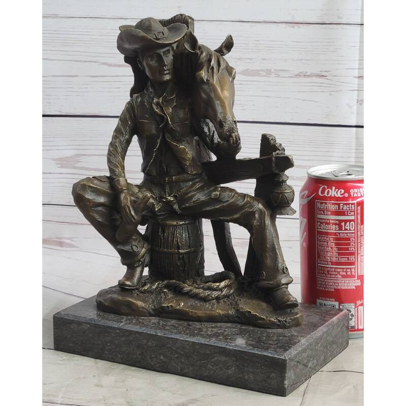 Cowboy Horse Sitting Having A Drink Bronze Statue Sculpture Country Western