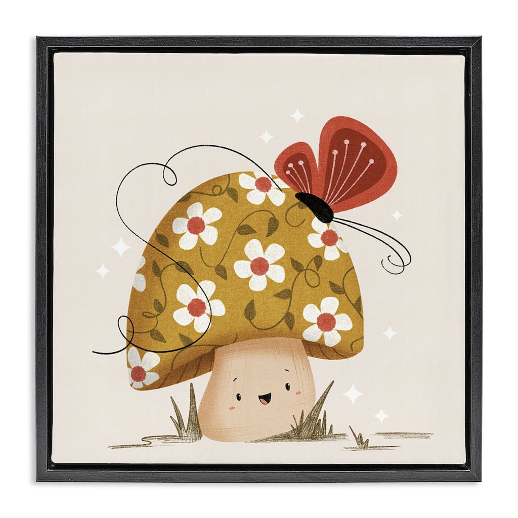 Stupell Happy Mushroom & Butterfly Framed Floater Canvas Wall Art Design By Sarah Hickman