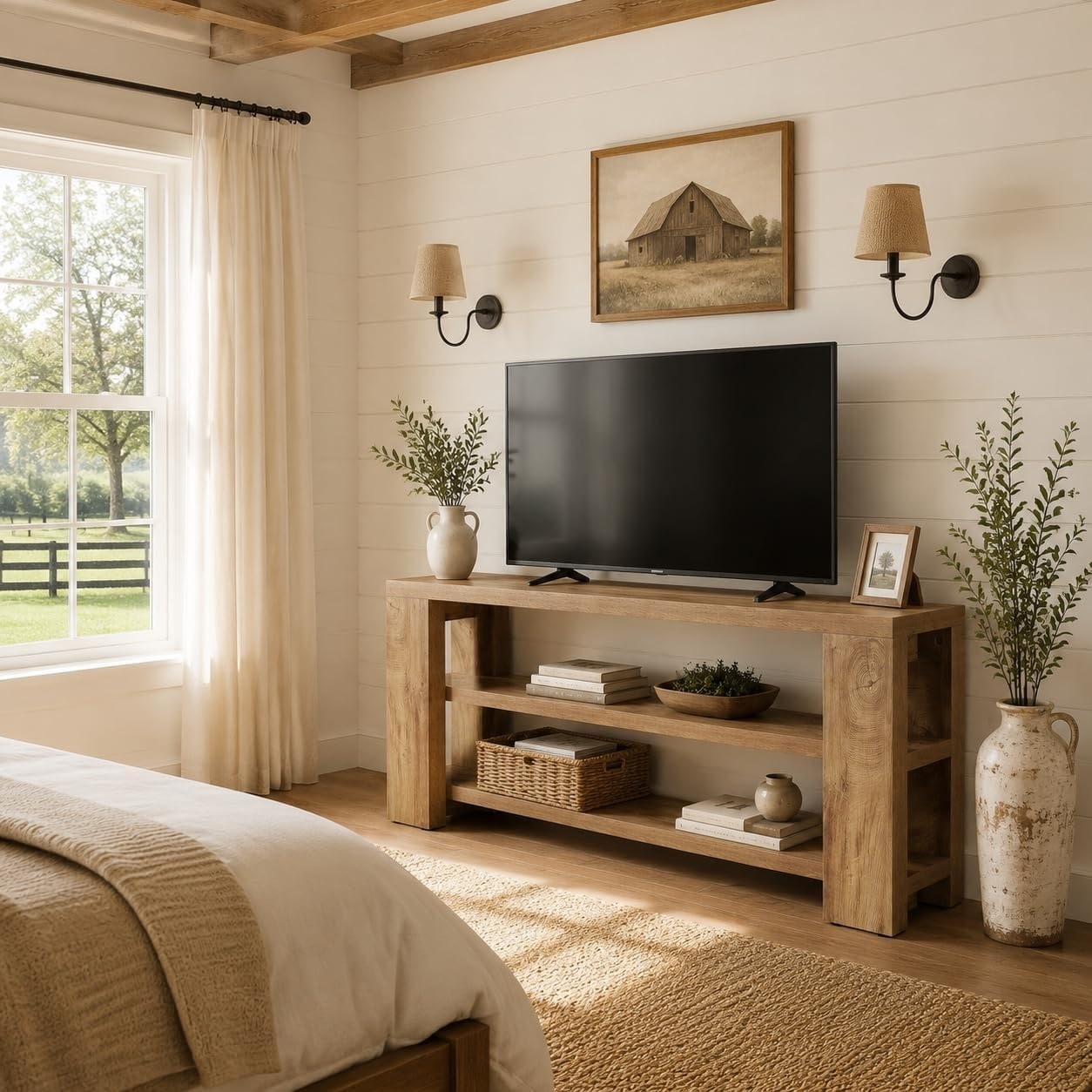 70.9 Inch Farmhouse Wood TV Stand Entertainment Center for 65/70/75 Inch TVs with 3-Tier Open Storage Shelves