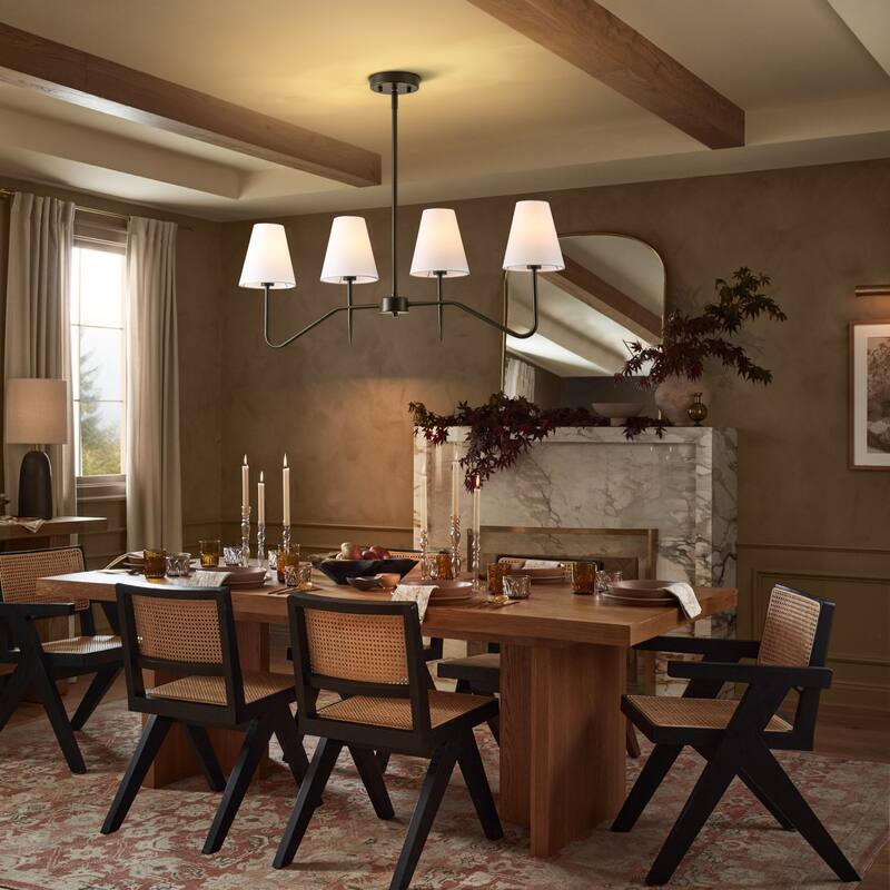 32.3" 4-Light Mid-Century Modern Gold/Black with Fabric White Cone Shades Kitchen Island Pendant Light