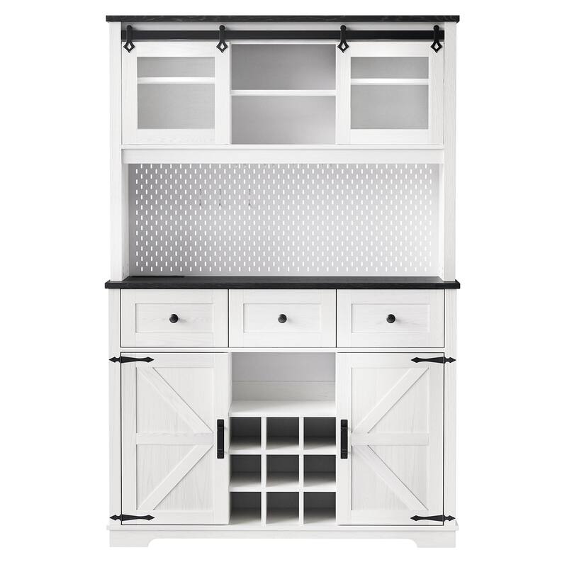 71" Rustic Pantry Cabinet Bar Storage Cabinet with Hutch, Sliding Door, 3 Drawers, Wine & Glass Rack, Pegboard, Power Outlet
