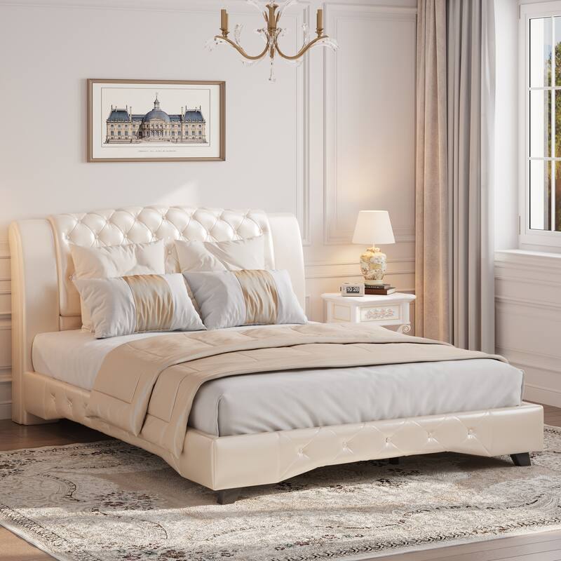 Christopher Knight Home - Modern Upholstered Platform Bed with Wood & Metal Frame - with 44.5" Tall Button-Tufted Headboard - Gold - King