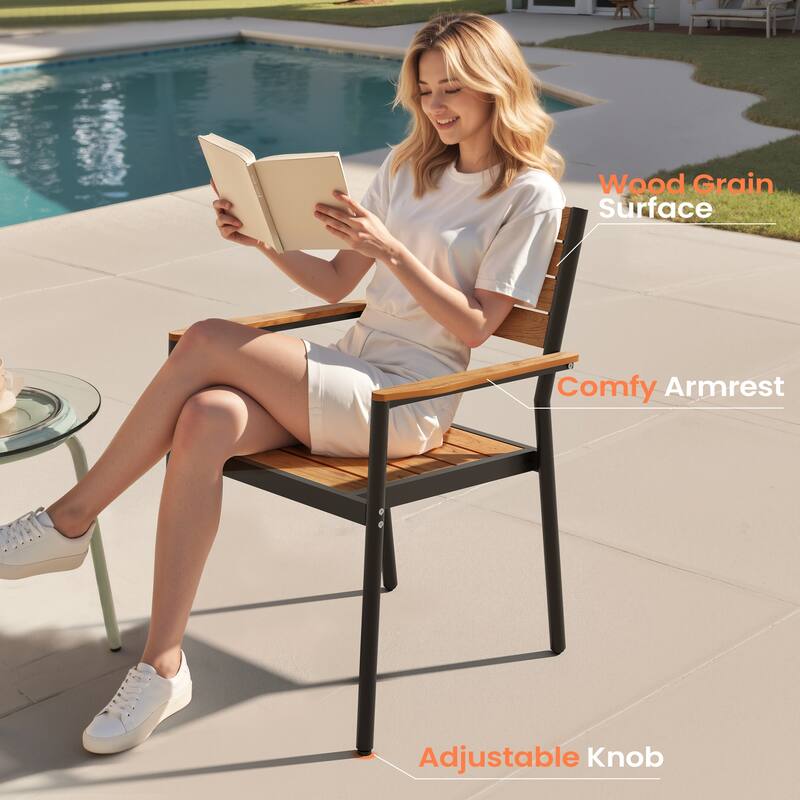 11PC Outdoor Patio Dining Set Aluminum Umbrella Hole Wood Like Table with Stackable Armrest Chairs