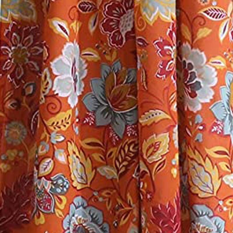 Paris 4 Piece Floral Print Fabric 2 Curtain Panel with Ties, Orange