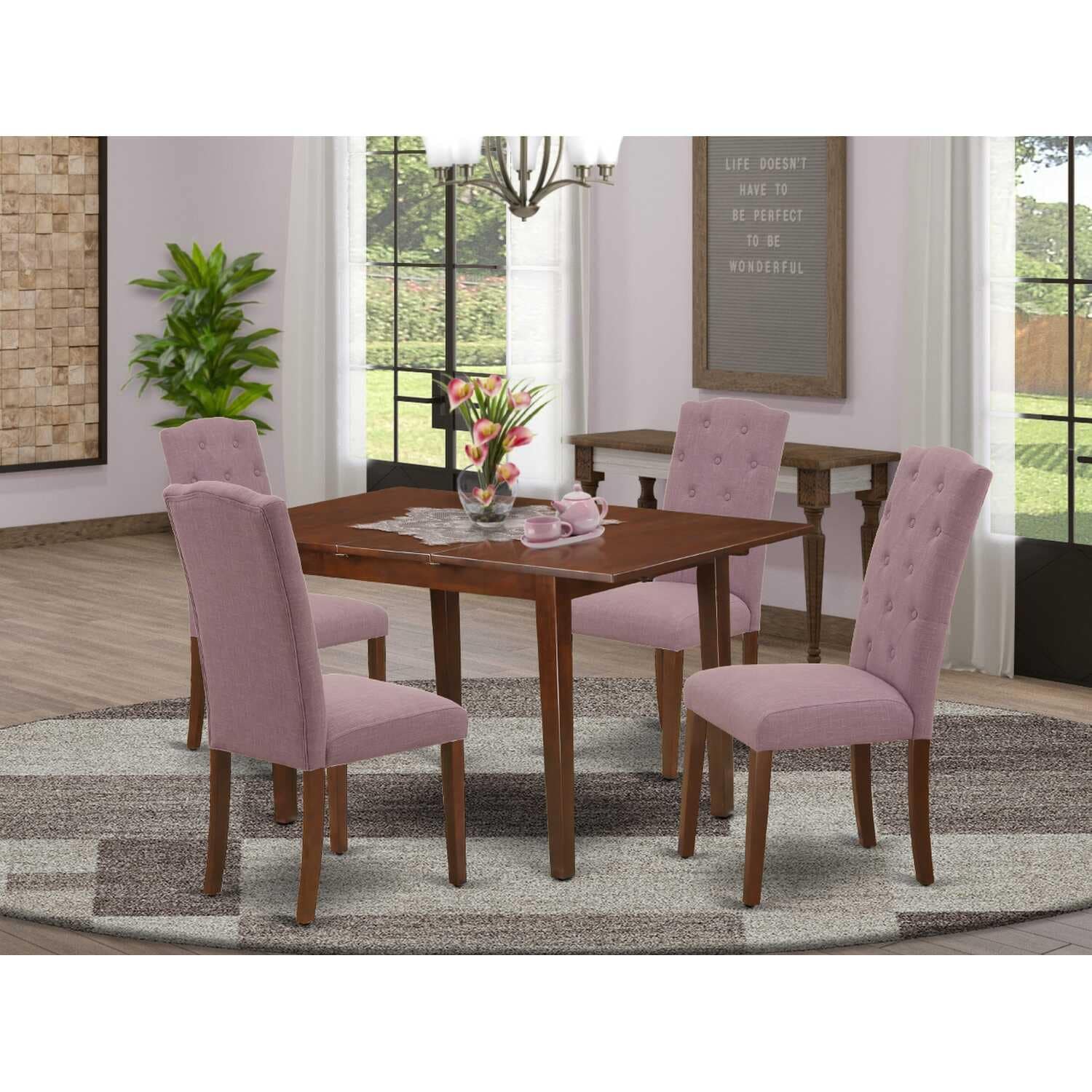 HomeStock 5-Pc Mahogany Finish Solid Wood Top - Rectangular Dining Room Set with Butterfly Leaf - Seats 4