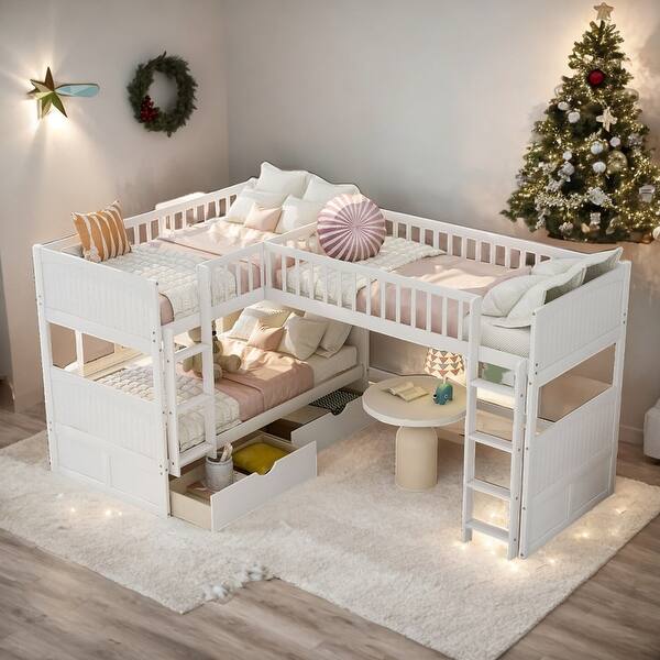 slide 2 of 11, Modern Twin Size Bunk Bed With A Loft Bed Attached,With Two Drawers,For 3 Persons for Bedroom White