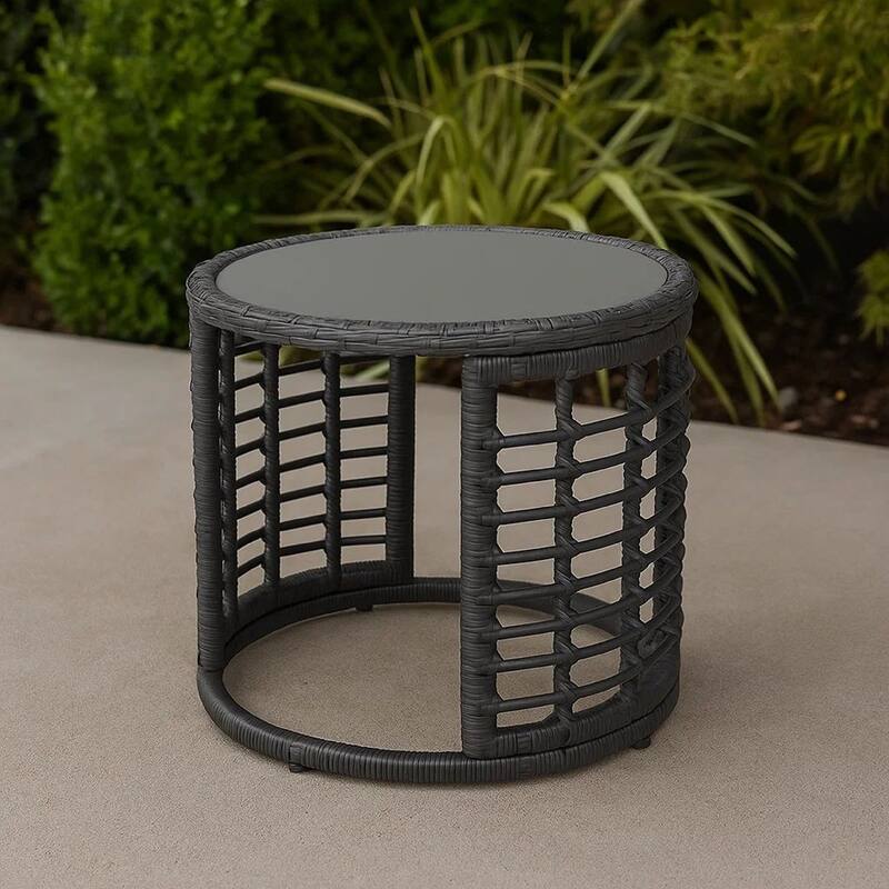 Outdoor Round Side End Table with Woven Accents, 18 Inch, Gray Rattan