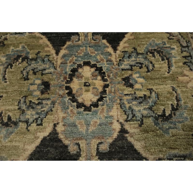 Hand Knotted Oriental 100% Wool Carpet Transitional Floral Greys & Charcoal Oushak Runner Rug - 9' 5'' X 2' 6''