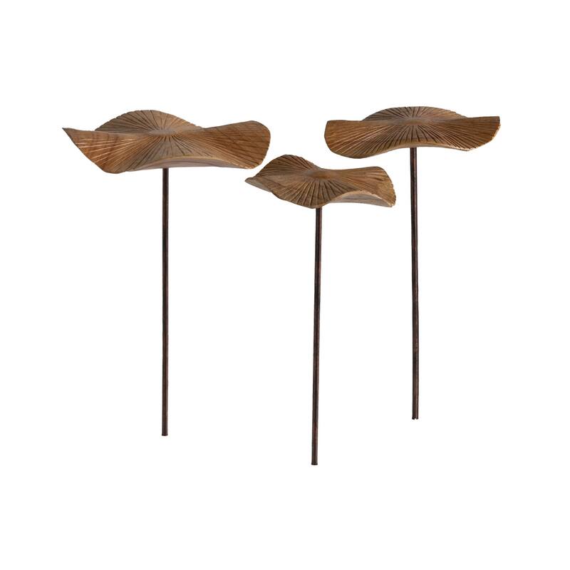16 in. Hand-Carved Wood Mushroom Metal Stakes (Set of 3)
