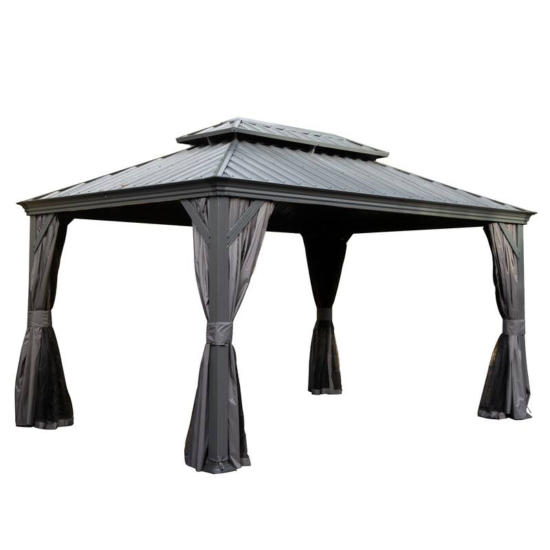10' X 14' Hardtop Gazebo with Drainage System, Galvanized Steel Roof, Curtains, and Netting for Outdoor Living