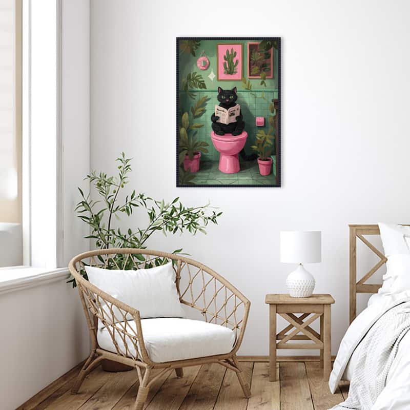 Bathroom Cat No 4 by The Art Concept Framed Canvas Wall Art Print - Sylvie Beaded Black