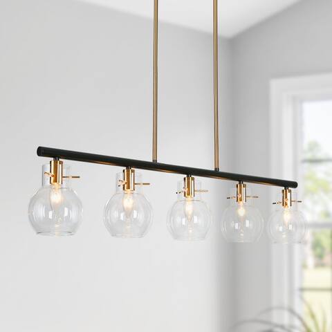 Modern 5-Light Black Gold Linear Chandelier Island Lights with Clear Glass