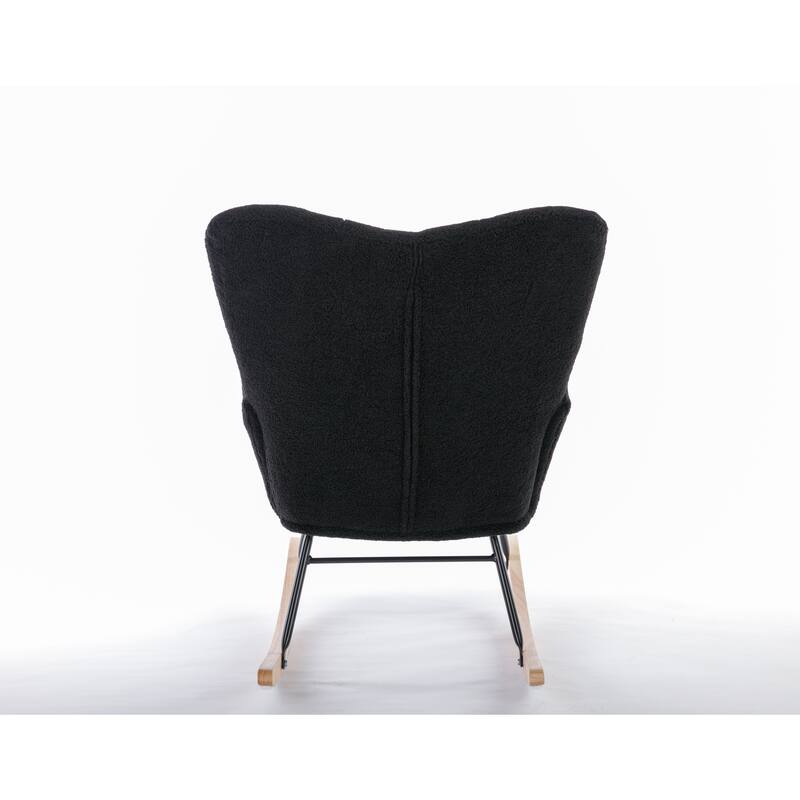 Teddy Fabric Upholstered Glider Rocker, Reading Chair with Thick Padded Seat, High Backrest Armchair with Wooden Legs
