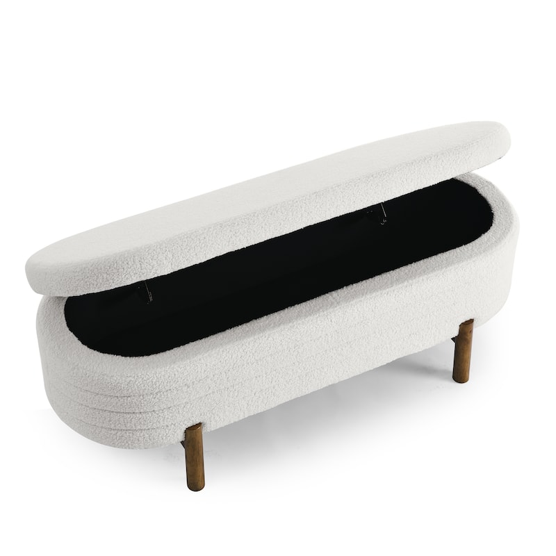 Small Ottoman Oval Storage Bench with Rubber Wood Leg Bedroom Upholstered Footstool Bench with Hidden Storage