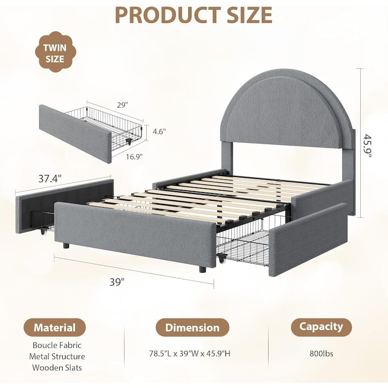 Boucle Upholstered Platform Bed Frame, with 2 Storage Drawers