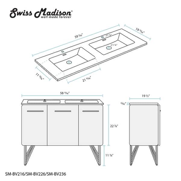 dimension image slide 1 of 4, Swiss Madison Annecy 60" Double, Two Doors, One Drawer, Bathroom Vanity