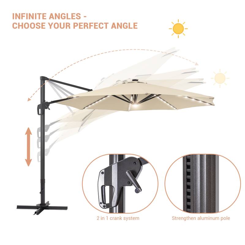BONOSUKI 11FT LED Cantilever Patio Umbrella Angle Adjustment w/Cross Base