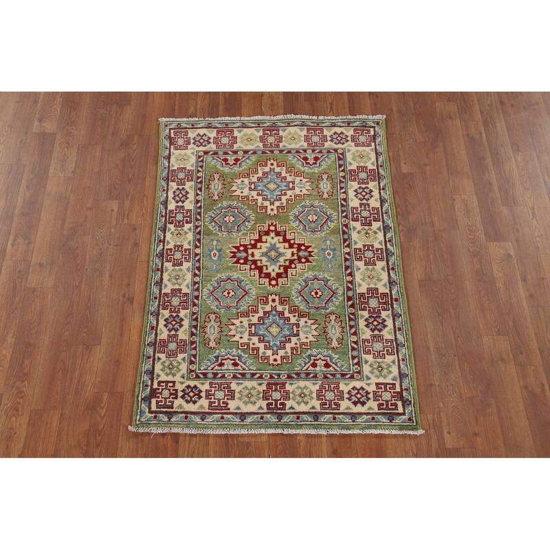 Green Kazak Accent Rug Handmade Oriental Wool Carpet - 2'8" x 3'11"