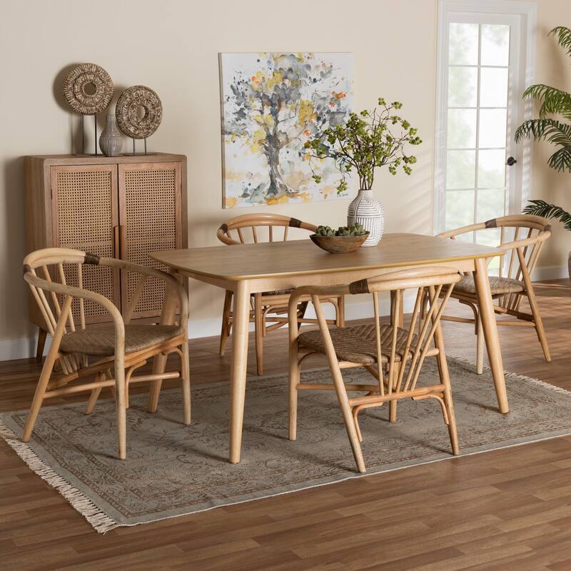Kyoto Modern Bohemian Natural Brown Finished Wood and Rattan 5-Piece Dining Set