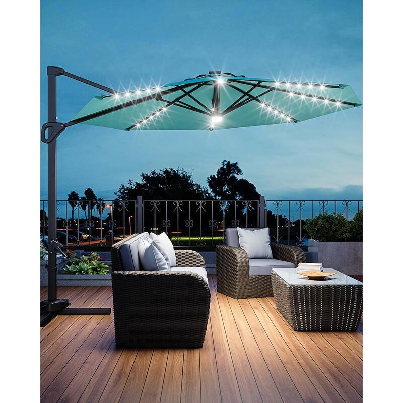 10FT Outdoor Cantilever Umbrella Patio Umbrella Solar LED with Base Included, 360-Degree Rotation - Turquoise Blue
