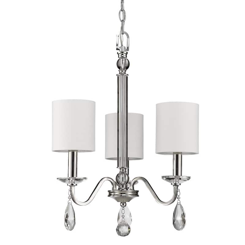 HomeRoots Silver Candle Style Three Light Metal and Crystals Dimmable Chandelier With White Shades - 16' X '22.25' X '16