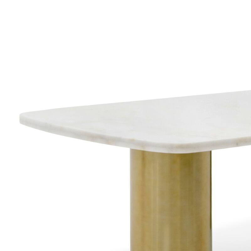 Cid Roci Dining Table, 87 Inch White Marble Top, Brushed Gold Metal Base - White, Brushed Gold