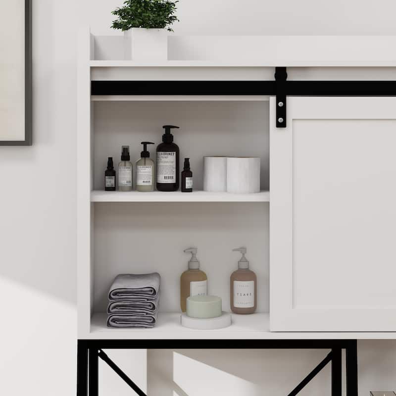 Sofucor Over The Toilet Storage with Sliding Barn Door,Bathroom Cabinet with Adjustable Shelves&Side Rack,for Small Bathrooms