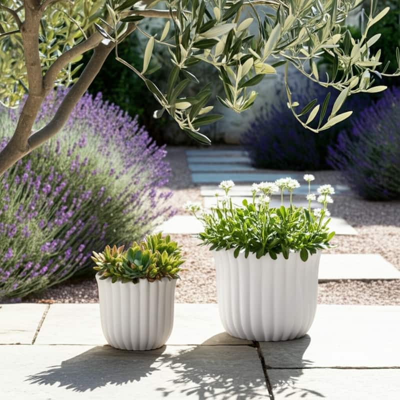 Pottery Cement Planters Textured Ribbed Sculptural Design (Set of 2) - 7.5" x 7.5" x 6"