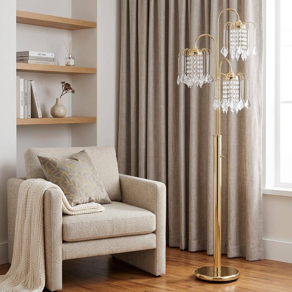 HomeRoots 63" Gold Three Lights Candelabra Floor Lamp With Clear Faux Crystal Shades
