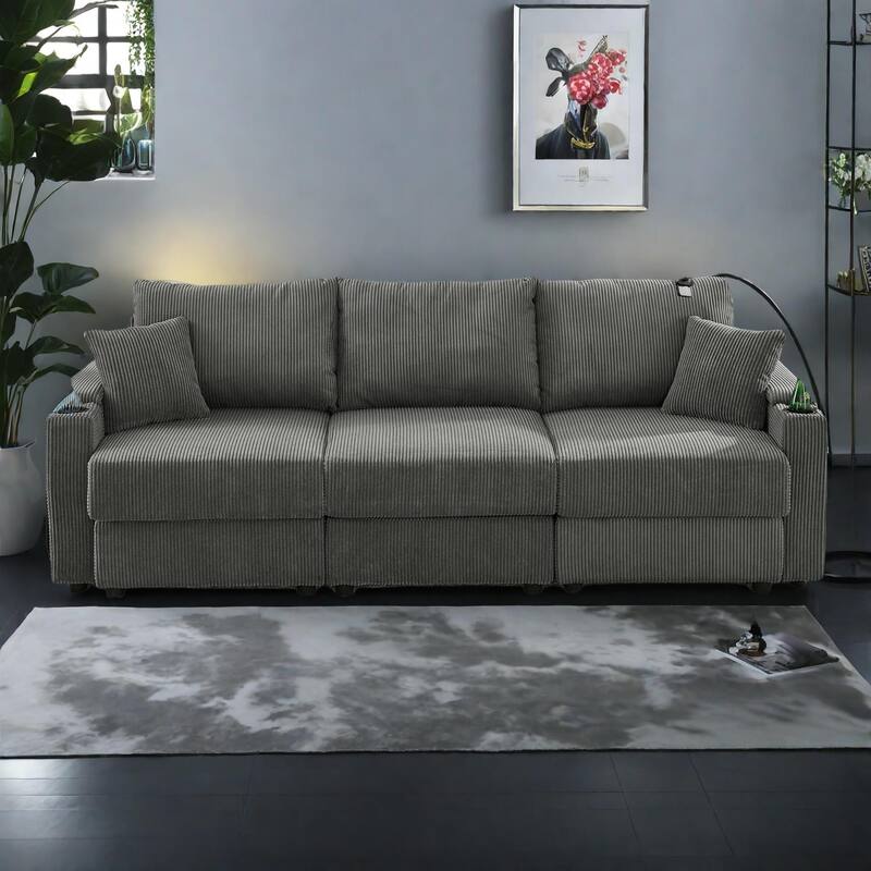 102" Corduroy Modern 3-Seater Sofa Deep Seat with Cup Holders & Phone Holder - Grey