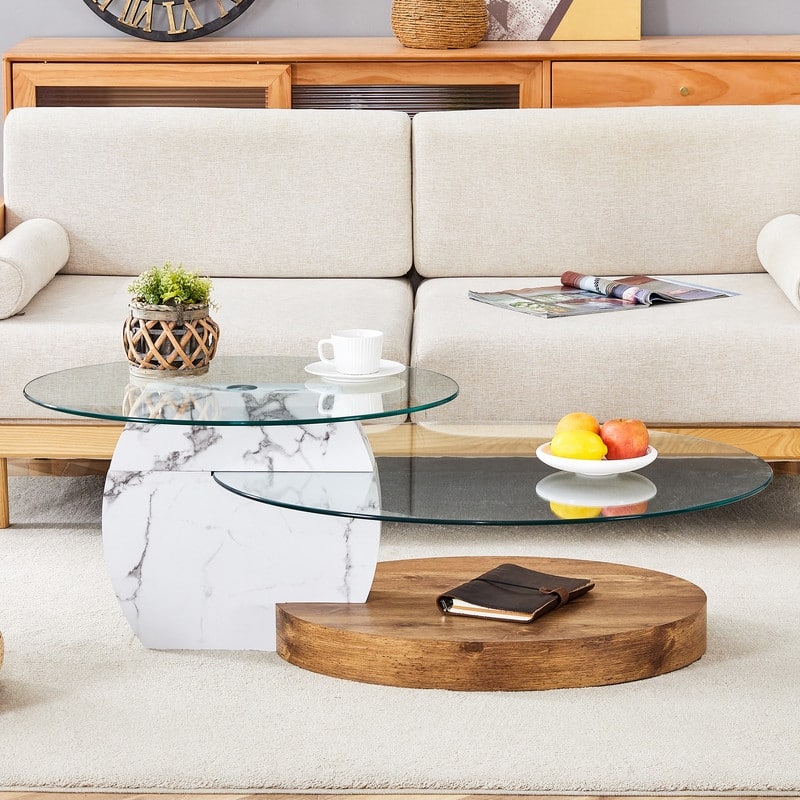 Contemporary Artistic Double Layer Coffee Table - White Marble and Wood Grain Collision