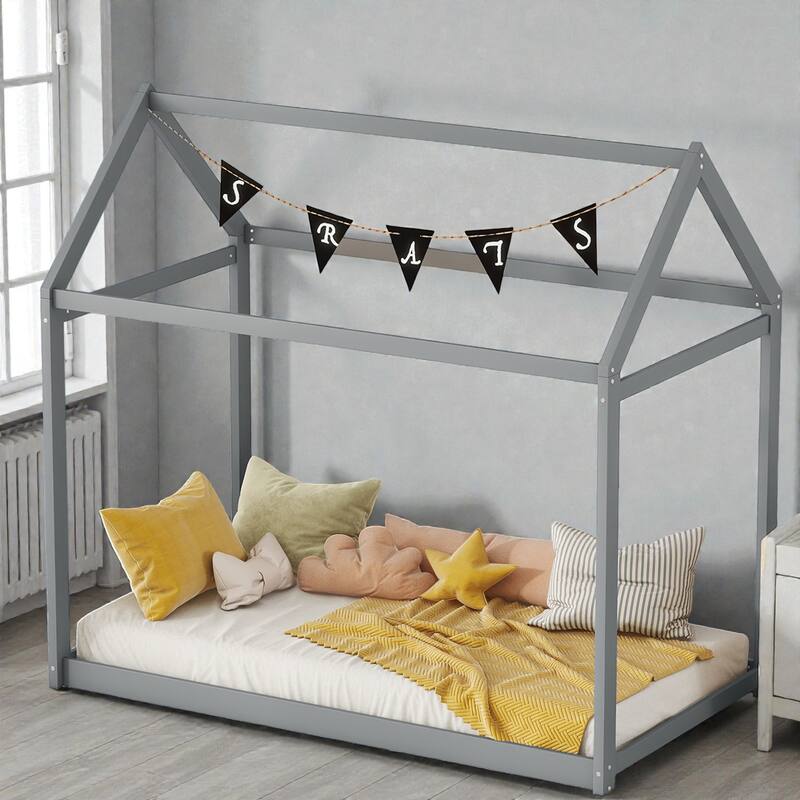 Twin Size Wooden House Bed Frame for Kids, Pine Wood Playhouse Bed with Roof Design, No Box Spring Needed