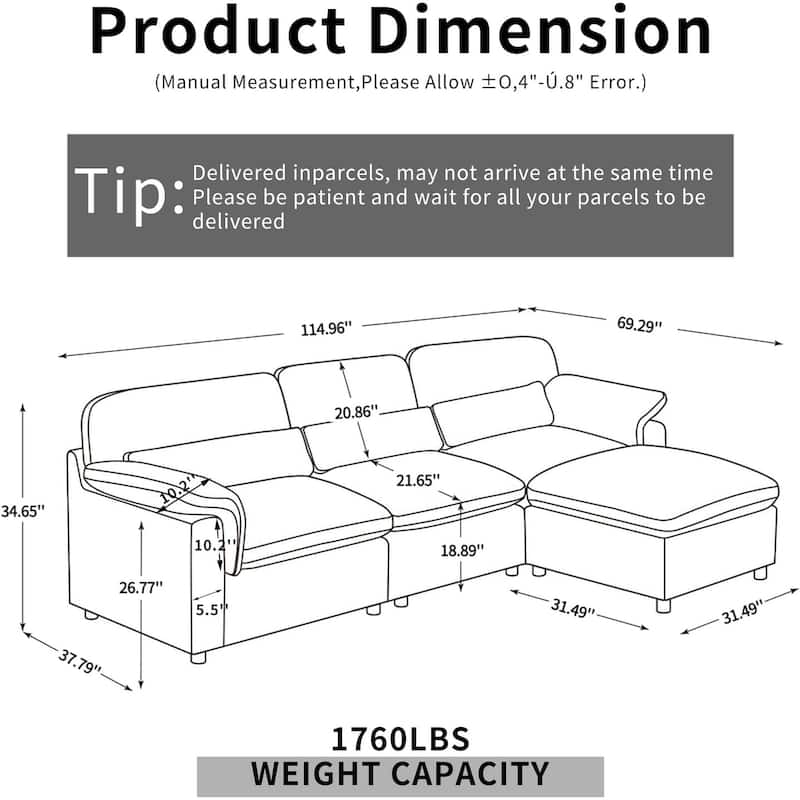 GDFStudio - Cloud Modular Chenille Sectional Sofa with Down-Filled Couch and Washable Covers & Storage