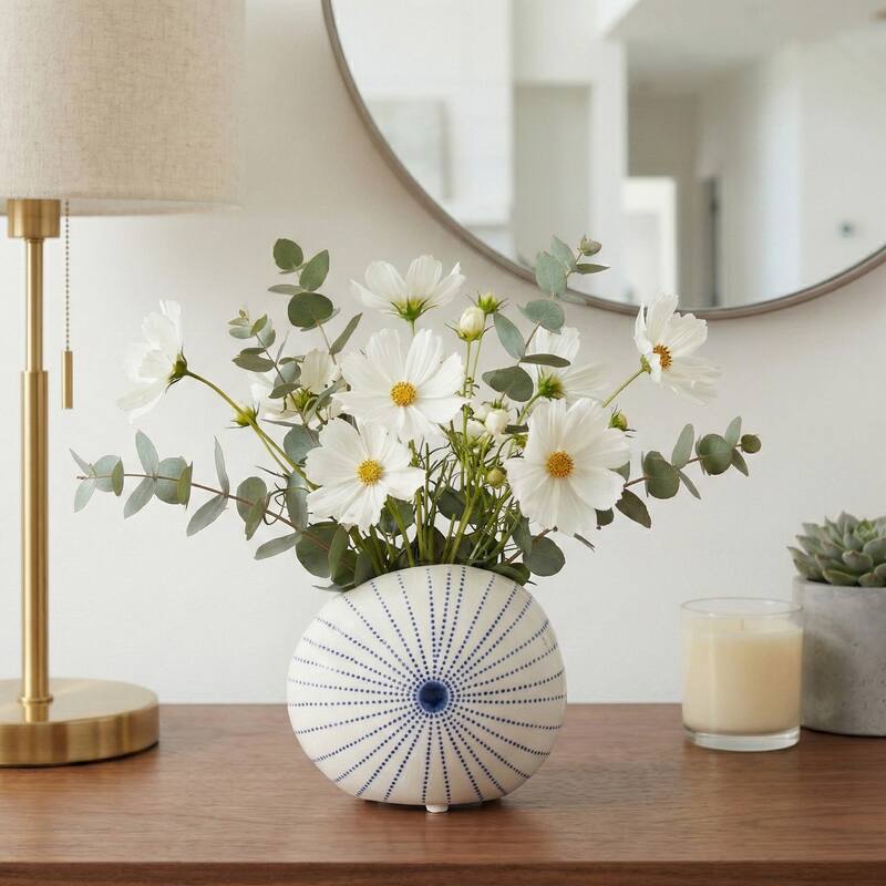 Round Shell Ceramic Vase - Stylish Dotted Pattern Flower Vase