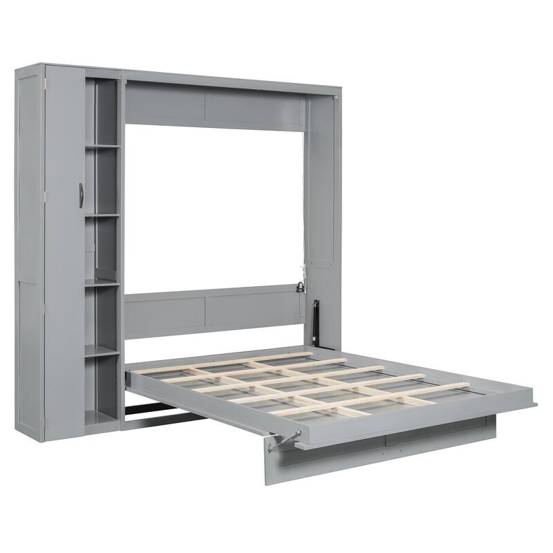 Space-Saving Queen Murphy Bed with Shelves, Wardrobe and LED Lights in Gray